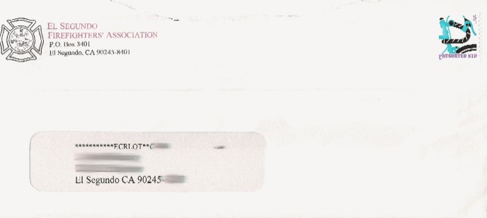 CLICK HERE to see an analysis and the text of the "Senior Scare" letter, which was sent in this envelope imprinted with the official El Segundo Firefighters Union logo and return address.